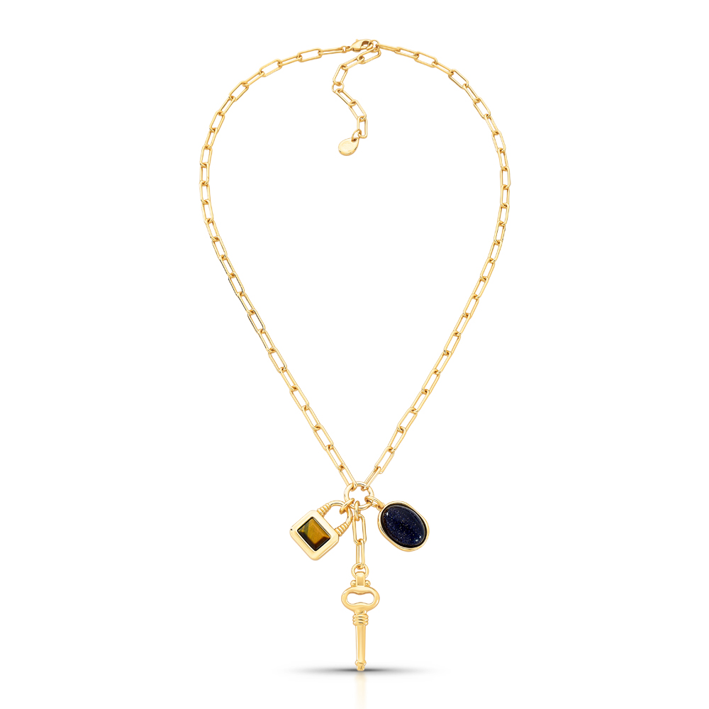 COLAR DOURADO COM PINGENTES NIGHT SKY OLHO DE TIGRE DOURADO/LISO