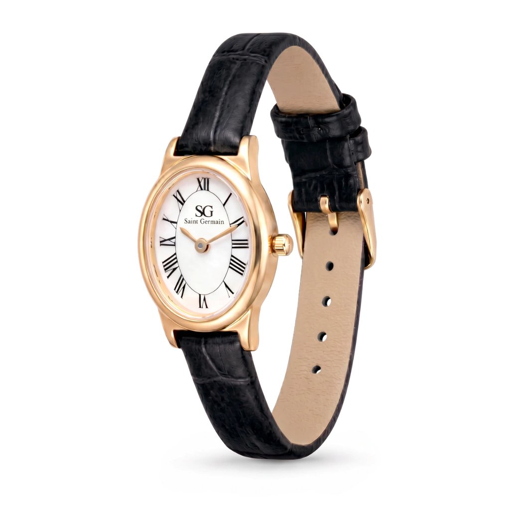 Relógio Feminino Oval Bellevie Dourado e Pulseira de Couro Preta